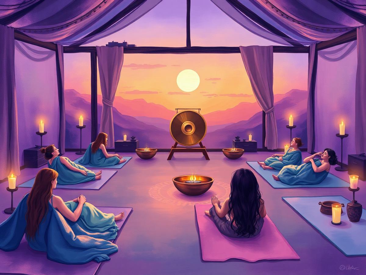 Illustration of an intimate indoor sound bath at twilight with candlelight and crystal singing bowls
