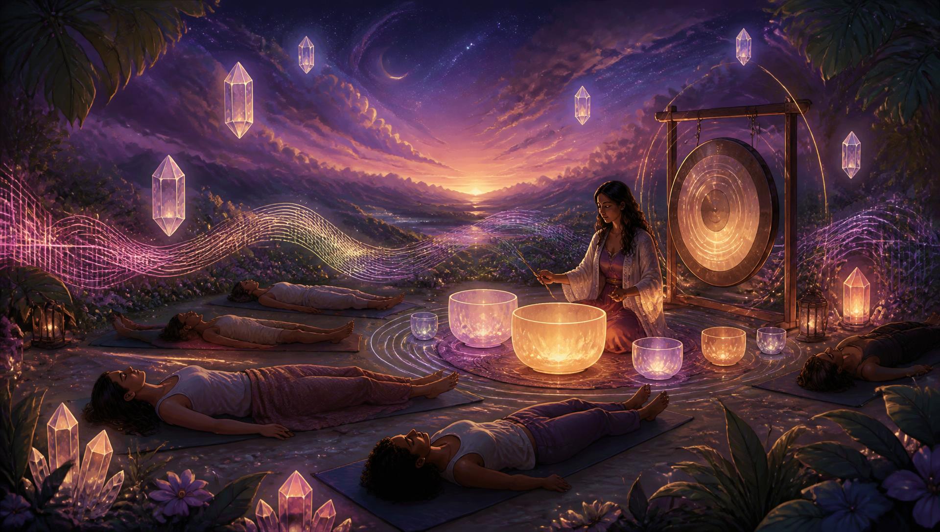 Illustrated sound bath at dusk with glowing crystal singing bowls and a gong