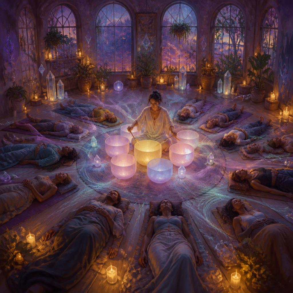 Illustration of a group sound bath with people resting on mats in a circle