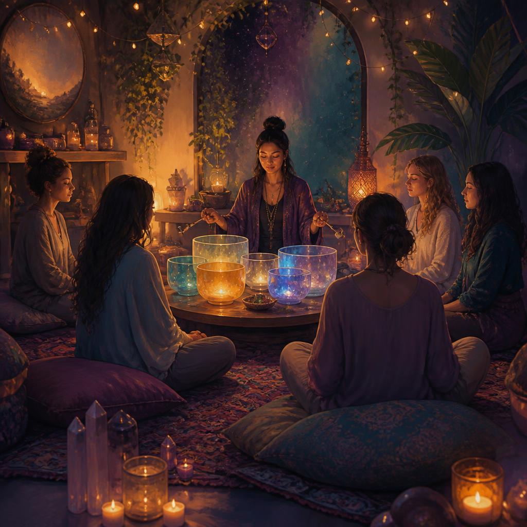 Illustration of a small private circle gathered around singing bowls