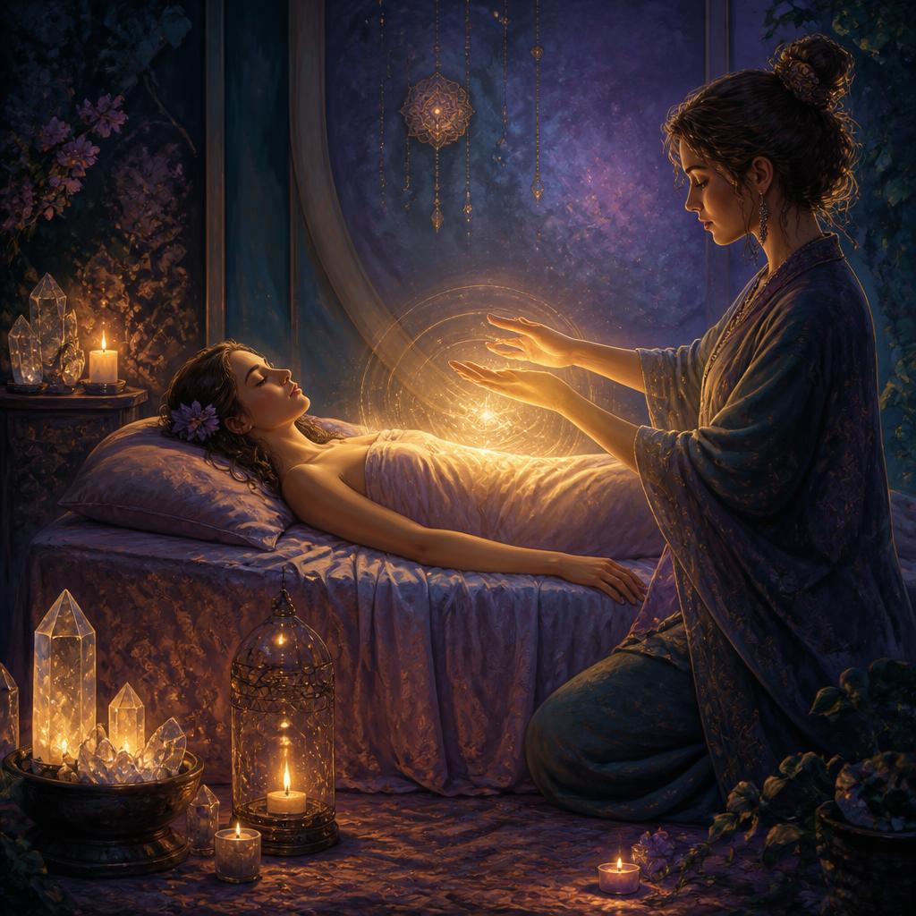 Illustration of a Reiki session with hands glowing above a resting client