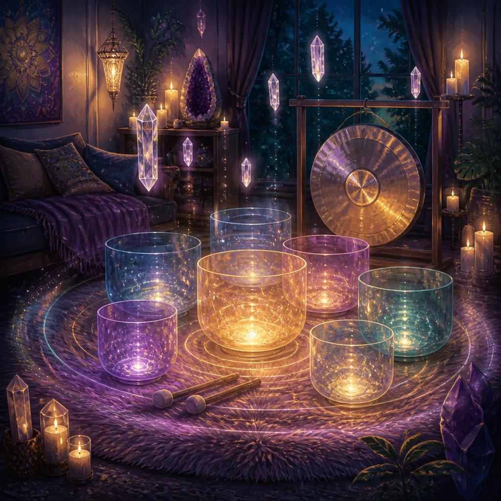 Illustration of glowing crystal singing bowls in a candlelit room